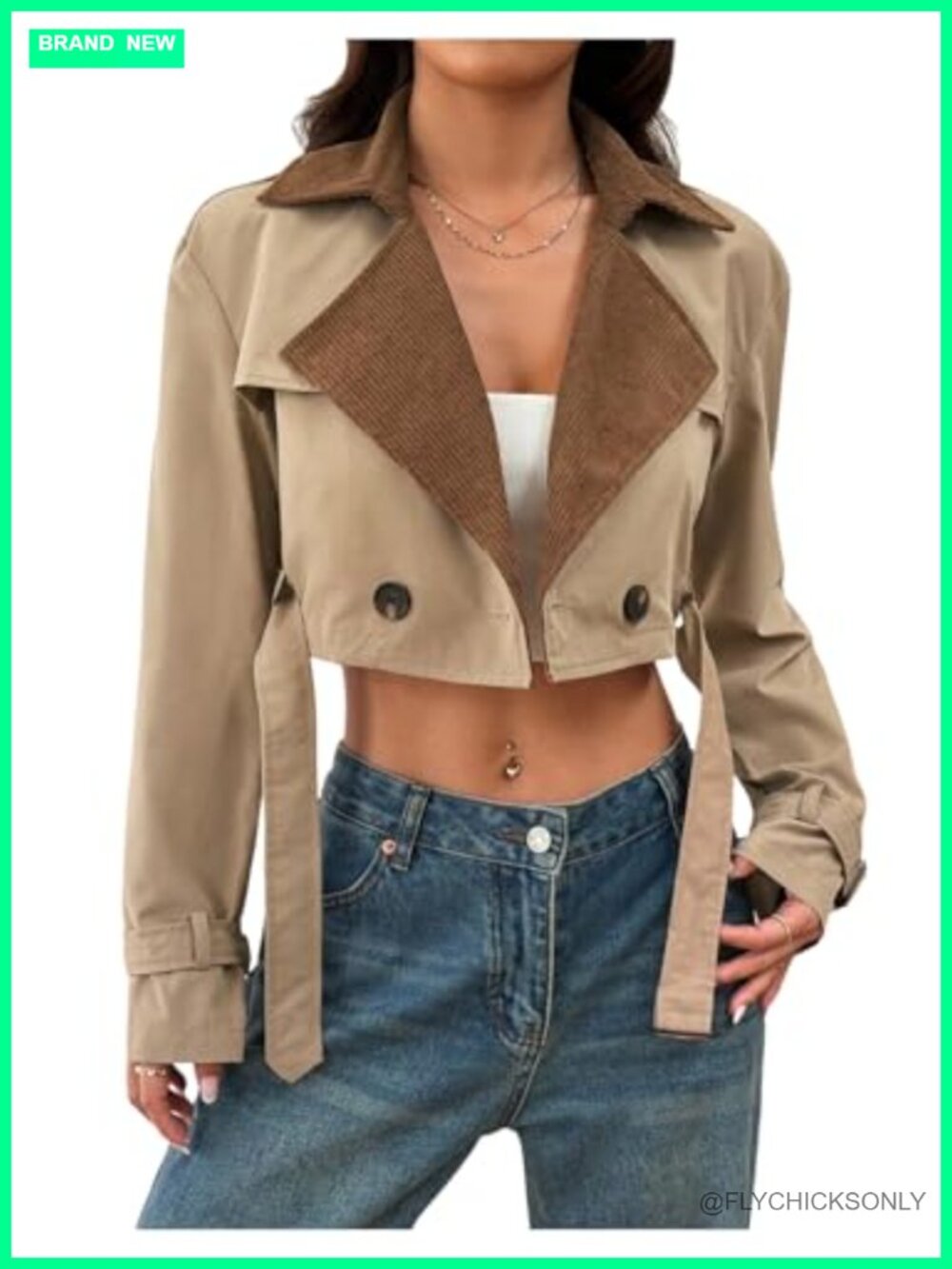 Cropped Trench Coat Double Breasted Belted Long Sleeve Lapel Jacket